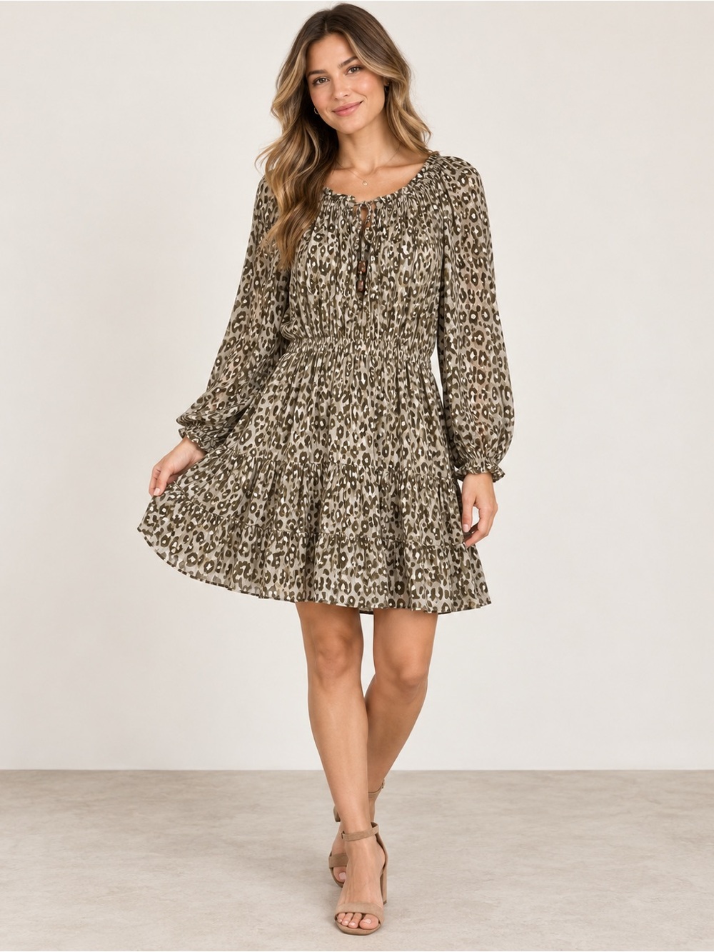 Petal & Pup Olive Leopard Tie-Front Long Sleeve Tiered Dress